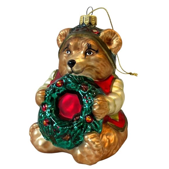 NEW Fitz & Floyd Glass Bear w/ Wreath Christmas Classics Lodge Ornament - Picture 2 of 14